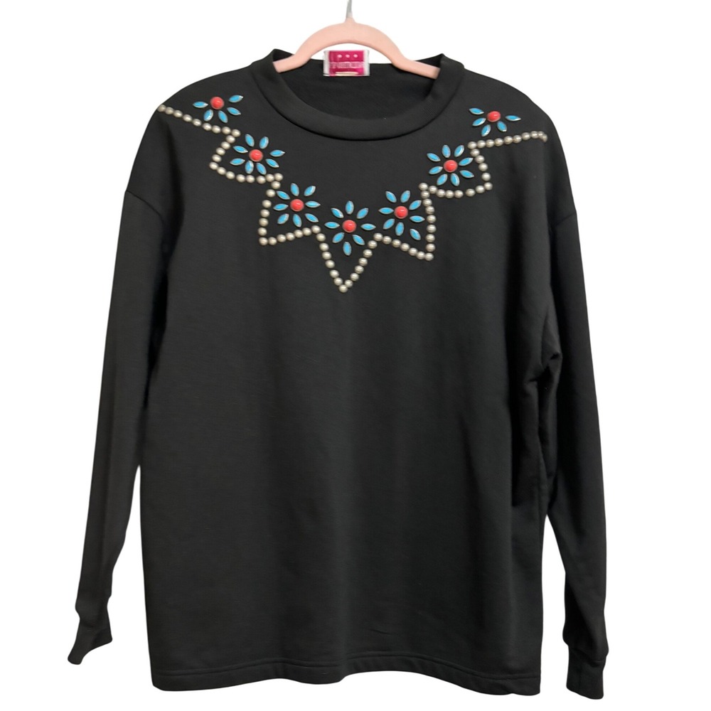 S.B. Collections Vintage Embellished Sweatshirt Black Floral‎ Stud Design